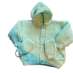 Vintage Handmade Baby toddler Mint Green Button Down Hoodie With Mittens NWOT
